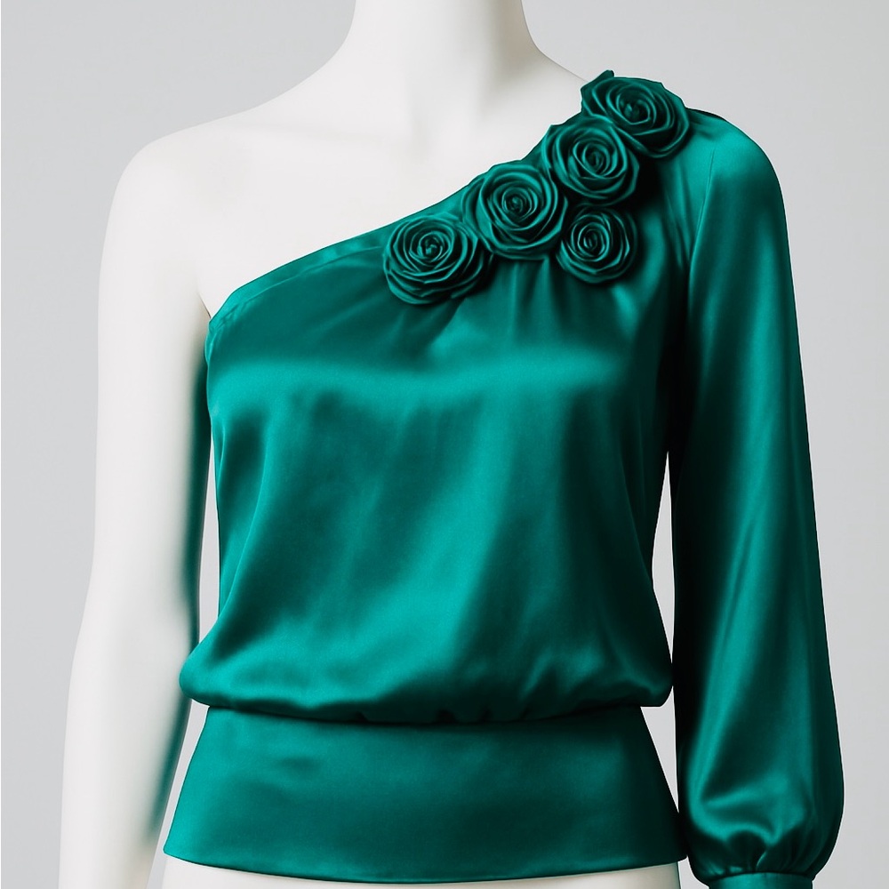 Bebe 100% Silk One-Shoulder Top XXS emerald